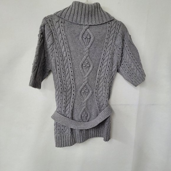 Heather B Sweater Women S Short Sleeve Chunky Cable Belted Turtleneck Tunic Grey - Picture 7 of 11